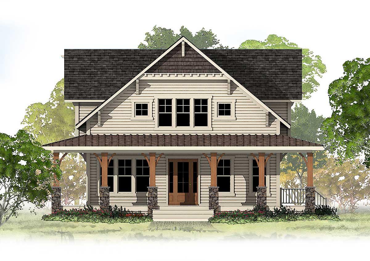Craftsman style house plan exterior with a wrap-around porch, stone column bases, and a prominent gable.