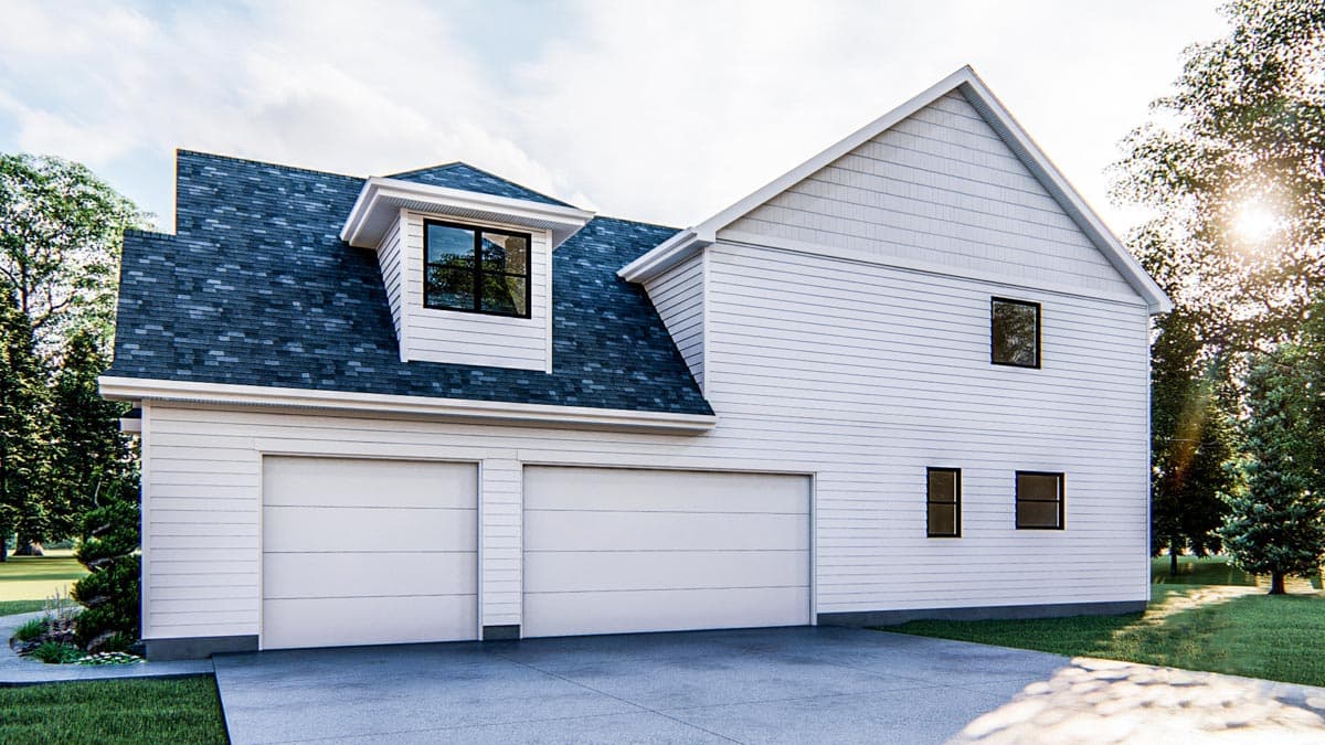 House plan exterior rendering: Two-story home with a side-facing, attached two-car garage, a dormer, and dark asphalt shingle roof.