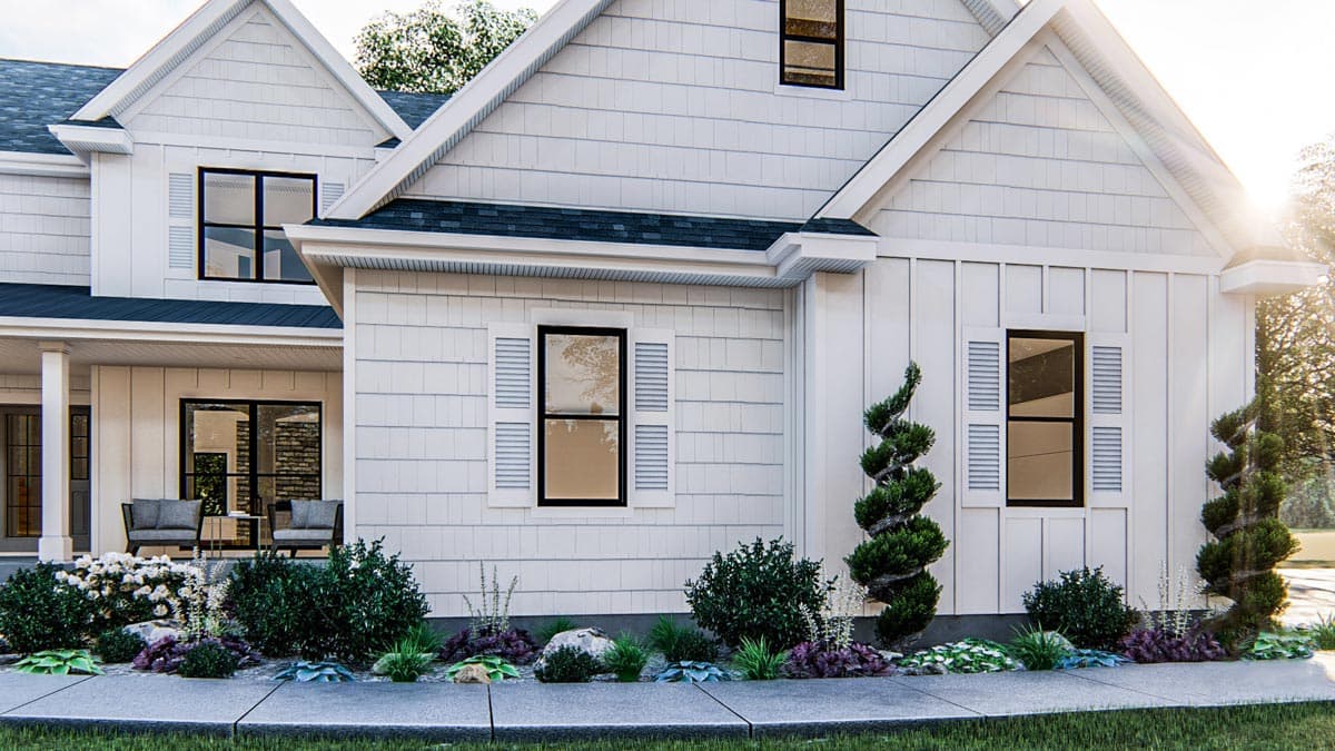 Modern Farmhouse house plan exterior with two stories, gables, white siding, and a covered front porch.