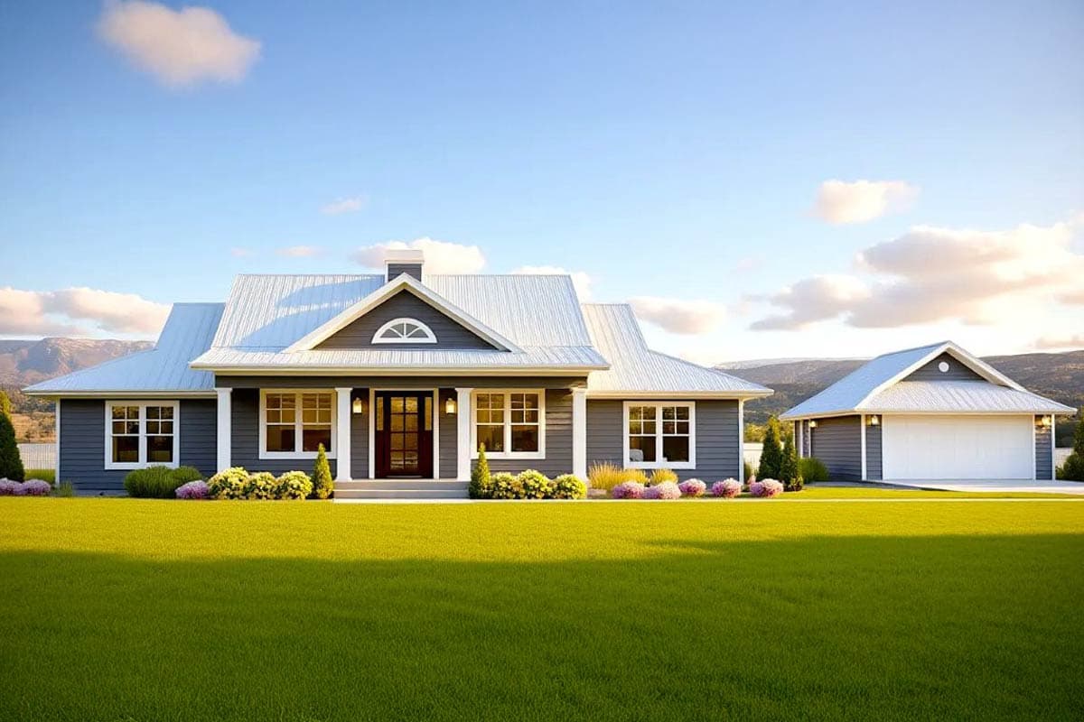 A gray house with white trim and a metal roof sits on a large green lawn, with a garage to the right. Mountains are visible in the distance.
