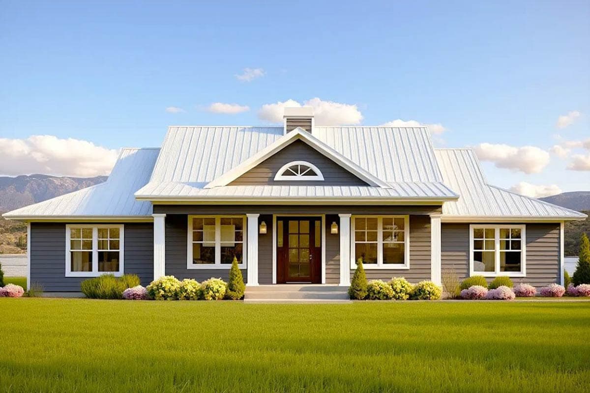 House plan exterior: Modern Farmhouse style, one story, gabled roof, front porch with columns, and arched window detail.