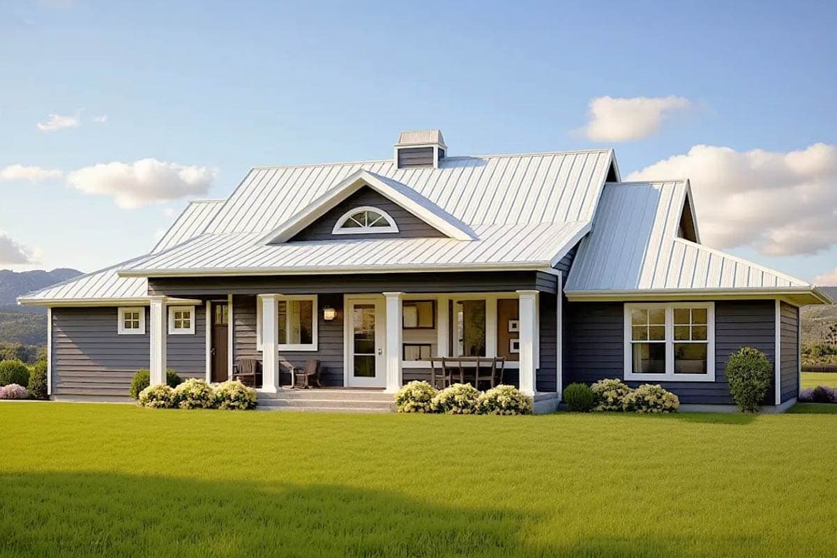 House plan exterior of a single-story Modern Farmhouse with a metal roof, gabled dormer, and covered porch with columns.