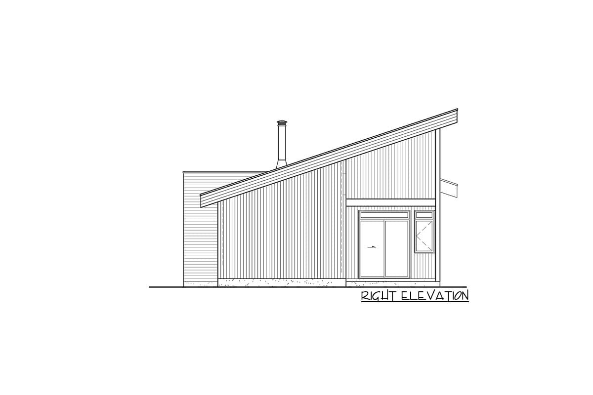 Right elevation drawing of a house plan with a sloped roof, siding, and a door and window.