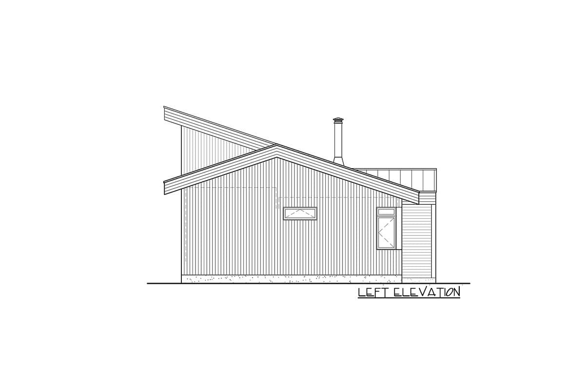 Left elevation drawing of a house with a sloped roof, vertical siding, chimney, and two windows.