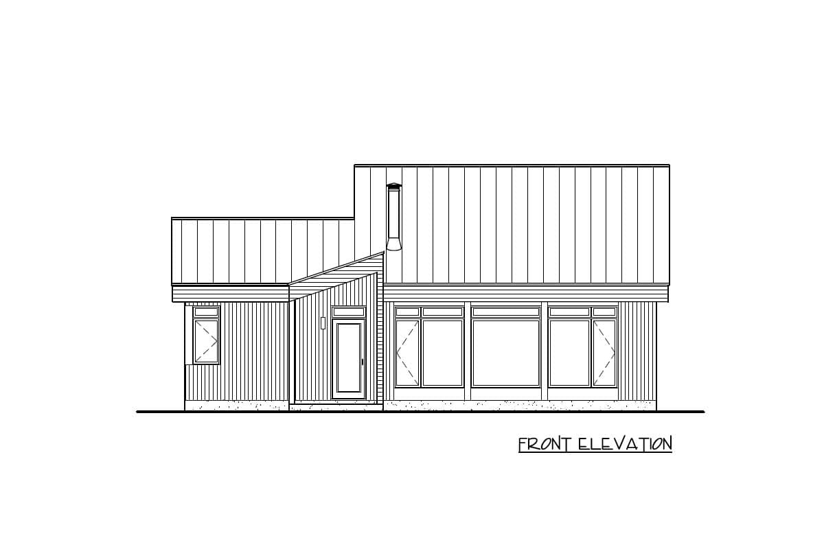 Front elevation drawing of a modern house plan with a multi-level roof and large windows.