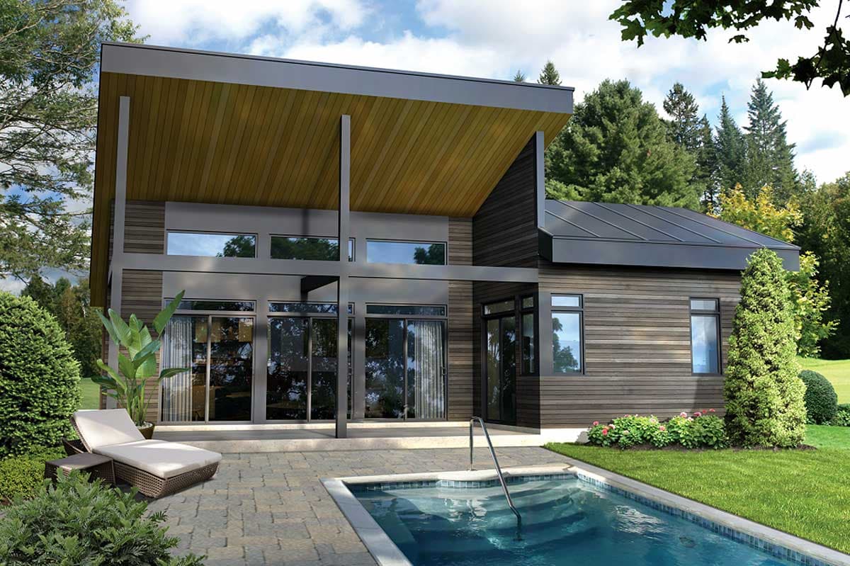 House plan exterior with two stories. Modern style with a flat roof, wood siding, and large glass sliding doors leading to a pool.