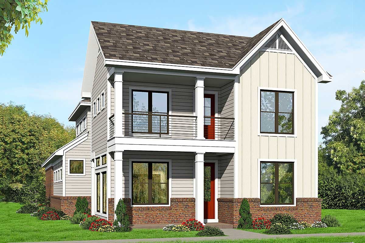 Two-story house plan exterior featuring a front porch with columns, a gabled roofline, and vertical siding. Includes a balcony with a metal railing.