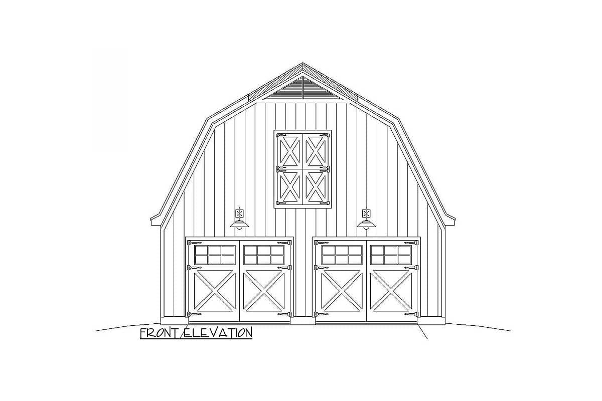 Front elevation drawing of a barn-style garage with two double doors, a central window, and a gambrel roof.