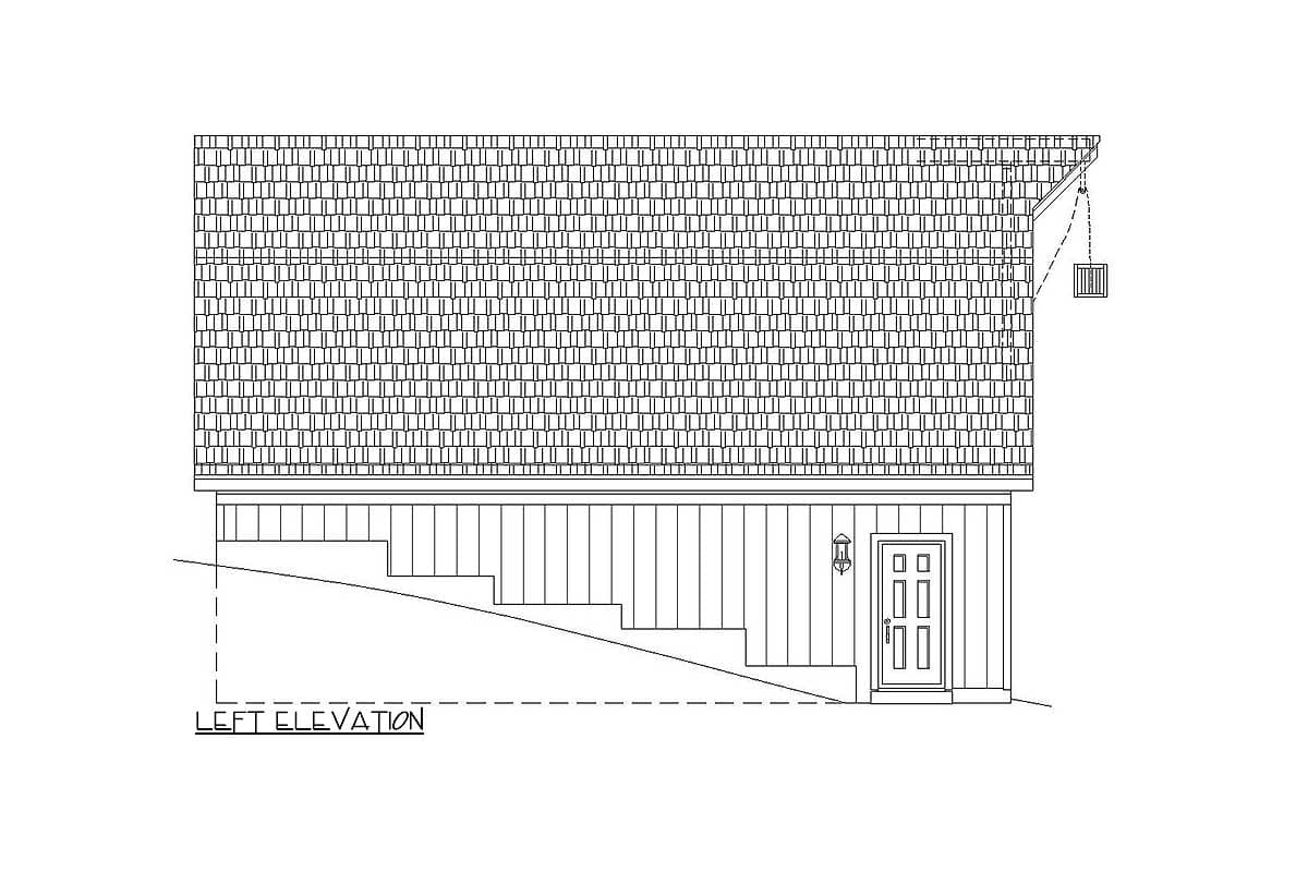 Left elevation drawing of a house plan showing a shingled roof, vertical siding, stairs, and a double-door entrance.