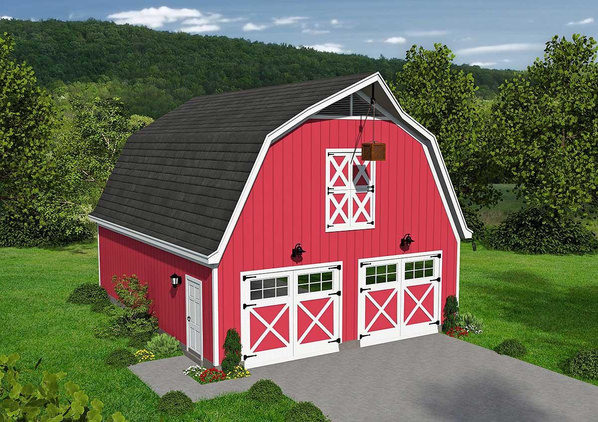House plan exterior: Barn-style structure, two stories, with a gambrel roof and two garage doors. Features include a cupola and a side entry door.
