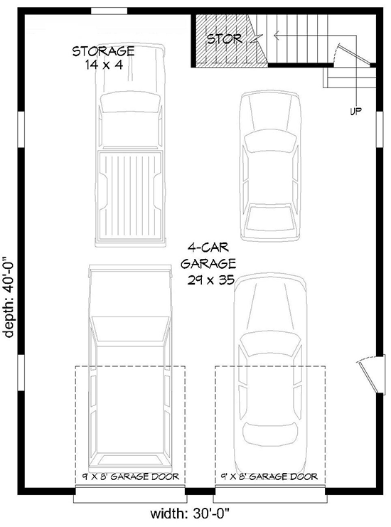Plan 68478VR: Detached 4-Car Garage with Man Cave Upstairs - Floor Plan - Main Level - Traditional