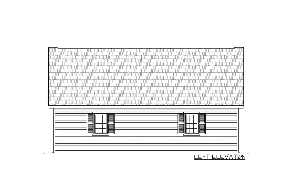 Left elevation drawing of a house plan showing a gabled roof, horizontal siding, and two windows with shutters.