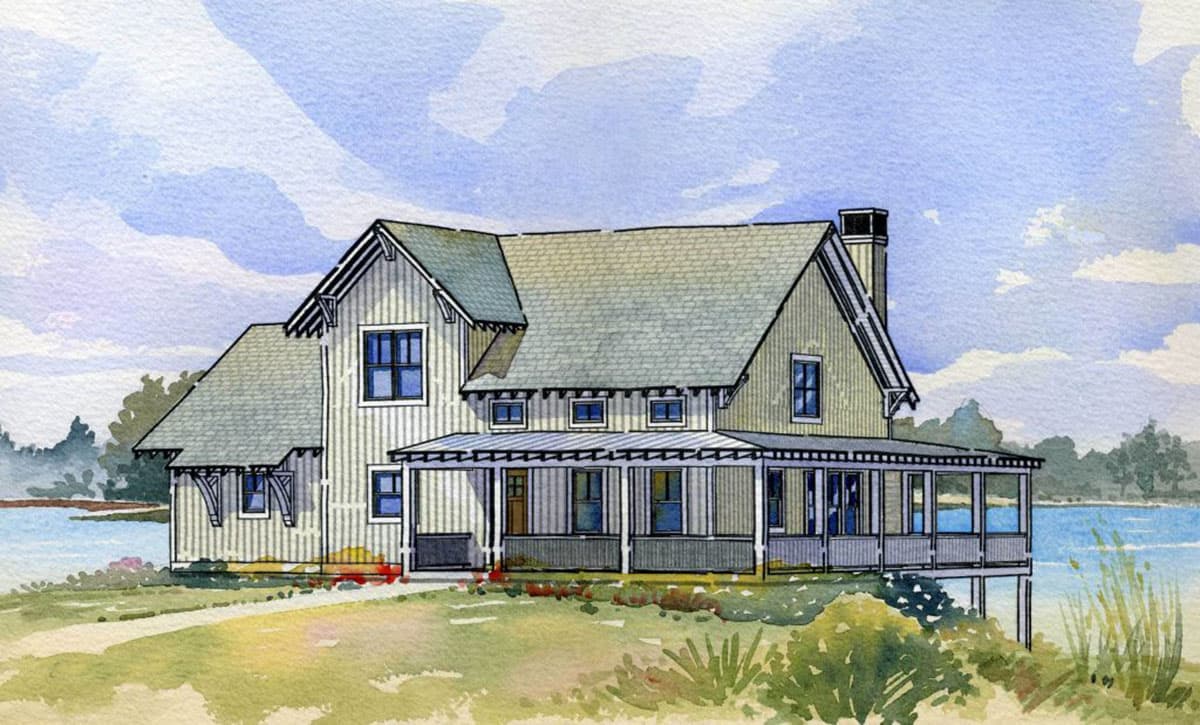 House plan exterior: Modern Farmhouse style, two stories, wrap-around porch, prominent gables, and a stone chimney.