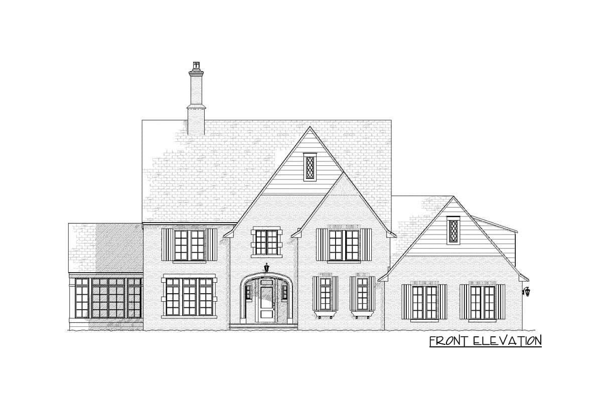 Front elevation house plan with arched entry, multiple gables, dormer window, and chimney.