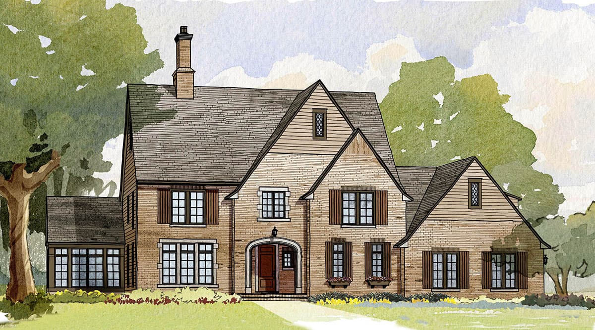 House plan exterior with brick and wood siding, multiple gables, prominent chimney, and arched entry.