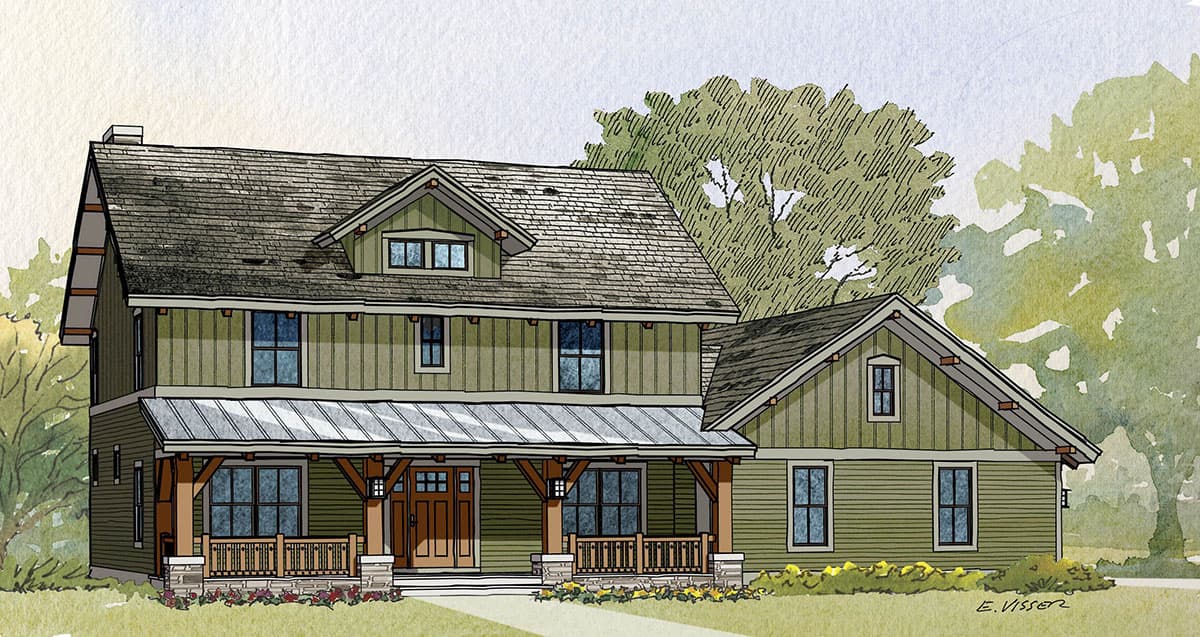 House plan exterior: Two-story Modern Farmhouse with a covered porch, gables, dormers, and a metal roof.