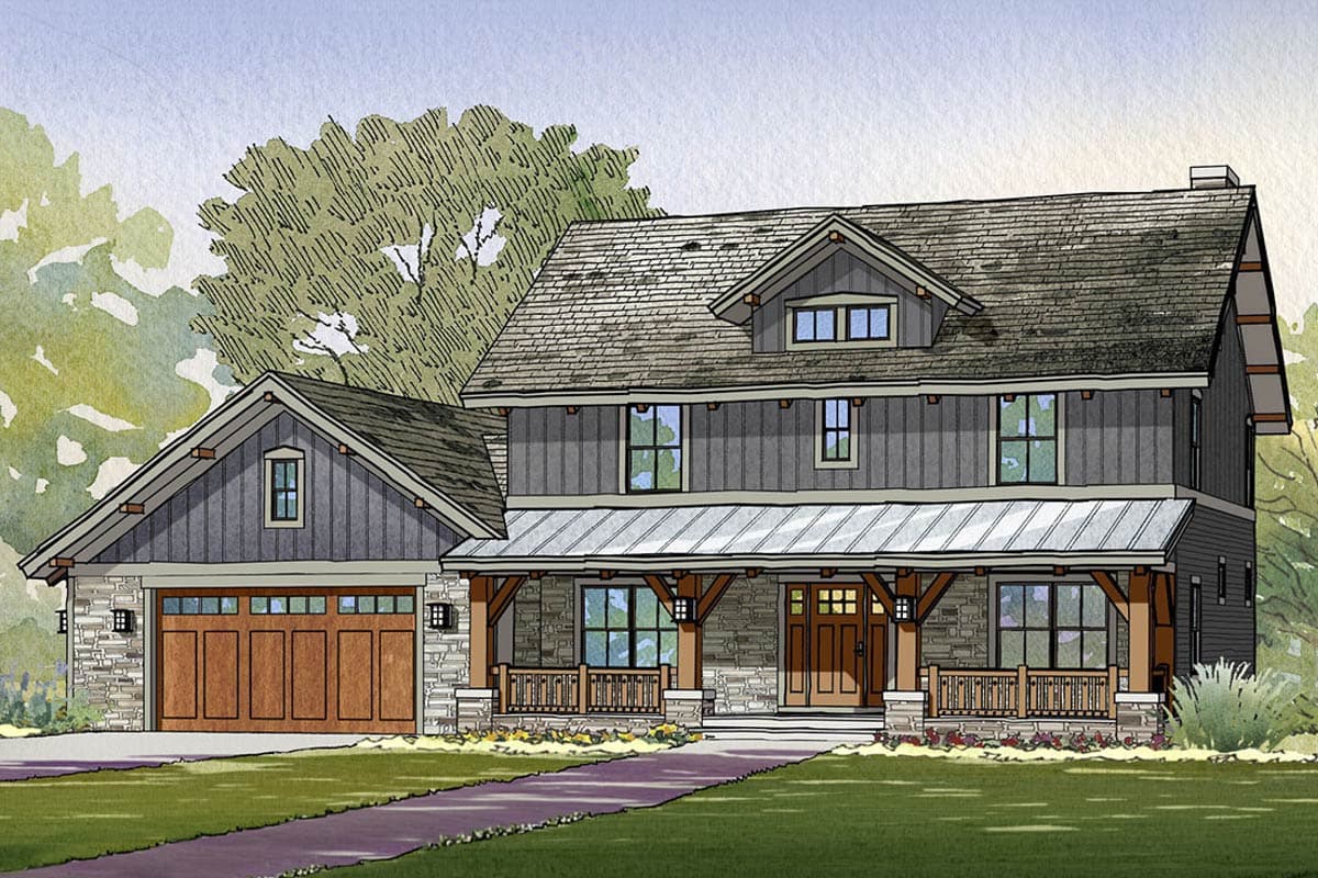 House plan exterior shows a two-story Craftsman home with a front porch, gables, and a detached garage with stone accents.