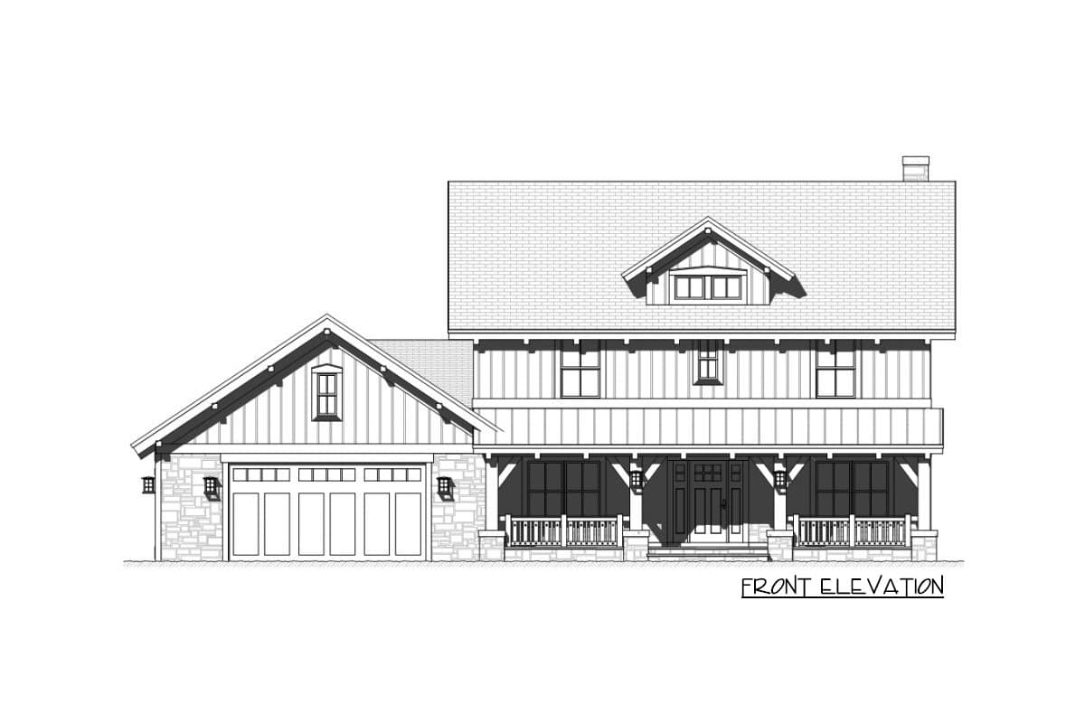 Front elevation drawing of a two-story house plan with a covered porch, gables, dormer, and attached three-car garage.