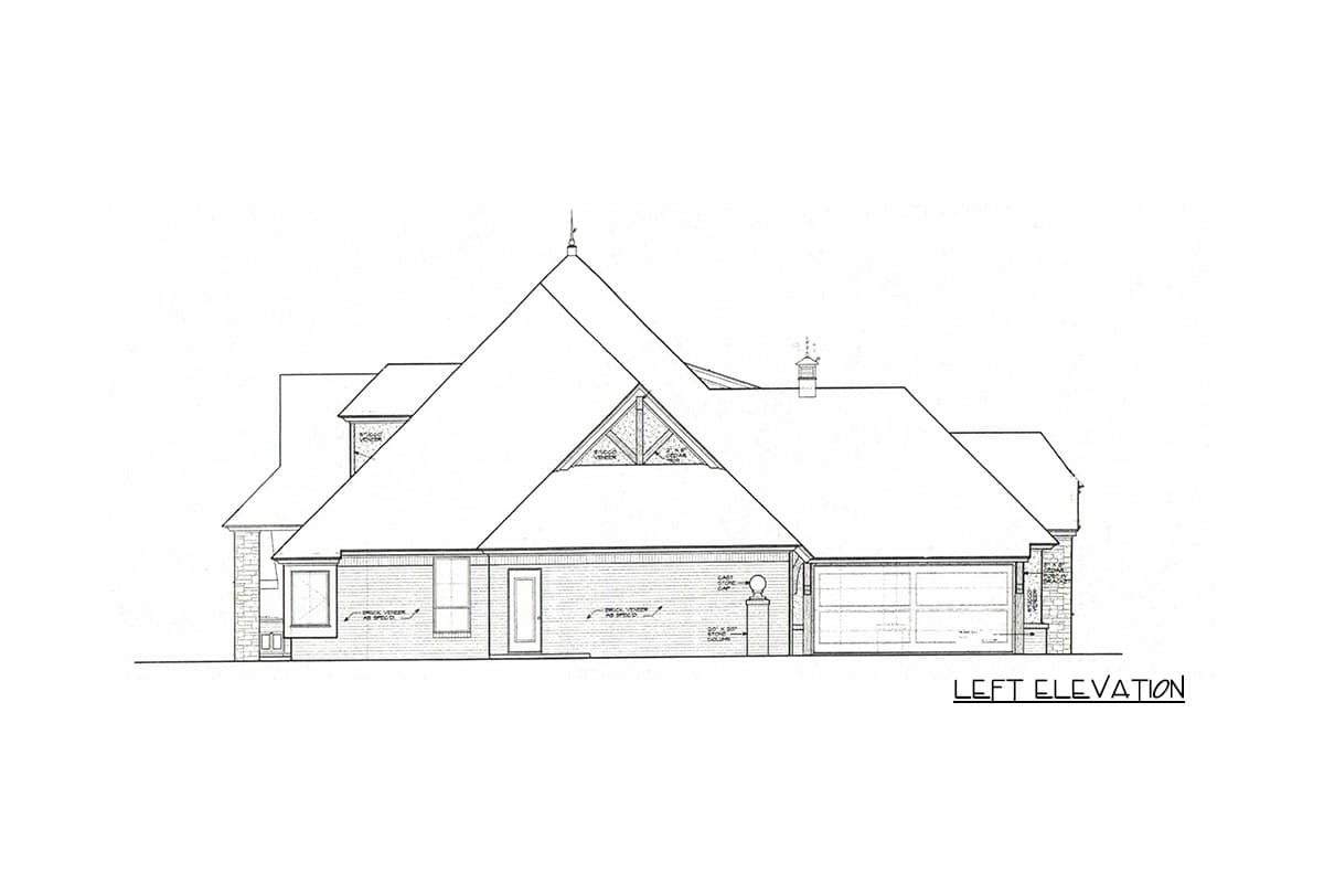 Left elevation house plan showing a brick veneer, multiple gables, dormer window, and a two-car garage.