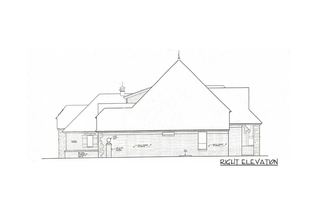 Right elevation drawing of a house plan with brick veneer, varied rooflines, dormers, and a covered porch.