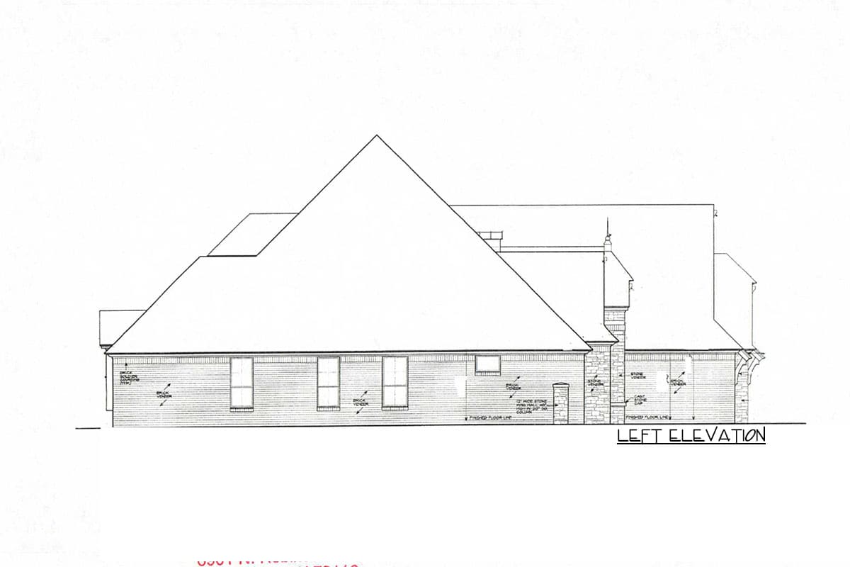 Left elevation drawing of a house plan showing brick veneer, stone accents, multiple gables, and a hipped roof.