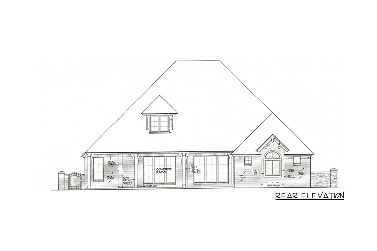 Rear elevation house plan with covered patio, dormer window, arched window, and stone accents.