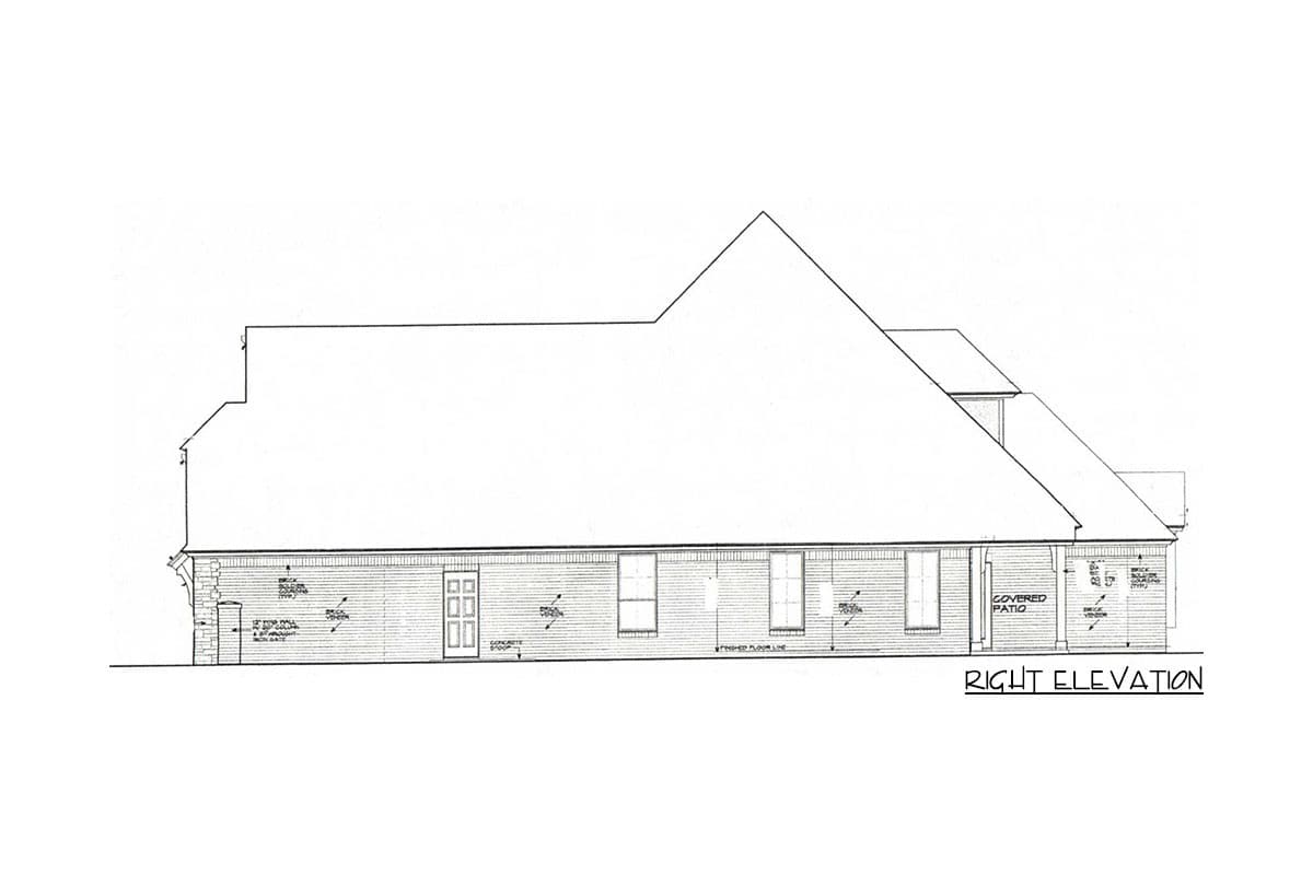 Architectural drawing of a house plan, right elevation view, showing brick siding, windows, and covered patio.