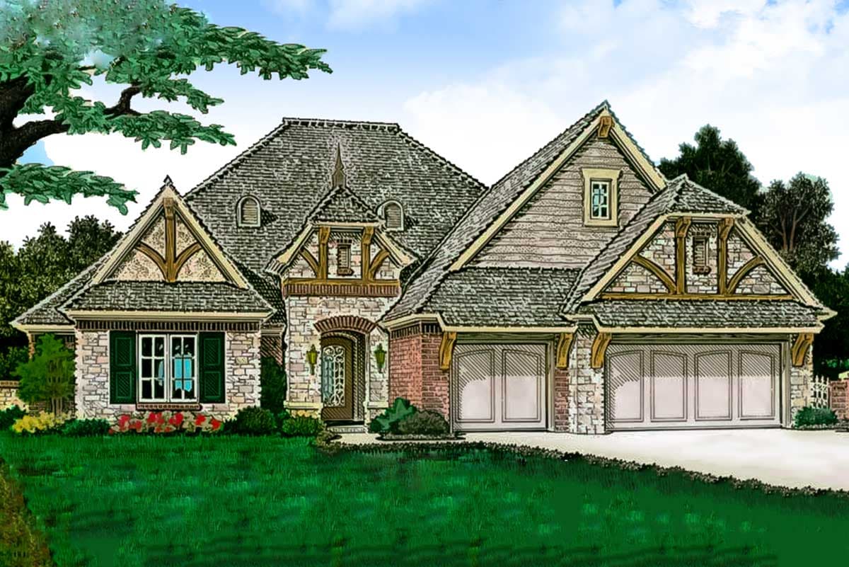 House plan exterior featuring a two-story Tudor style. Key features include multiple gables, stone facade, and a two-car garage with dormers.