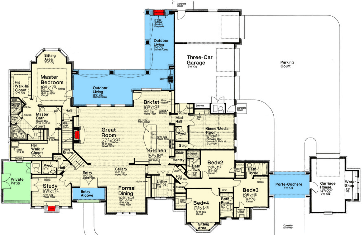 Plan 48553FM: Grand European House Plan with Media Room and Future Space - 4338 Sq Ft - Floor Plan - Main Level - European, French Country