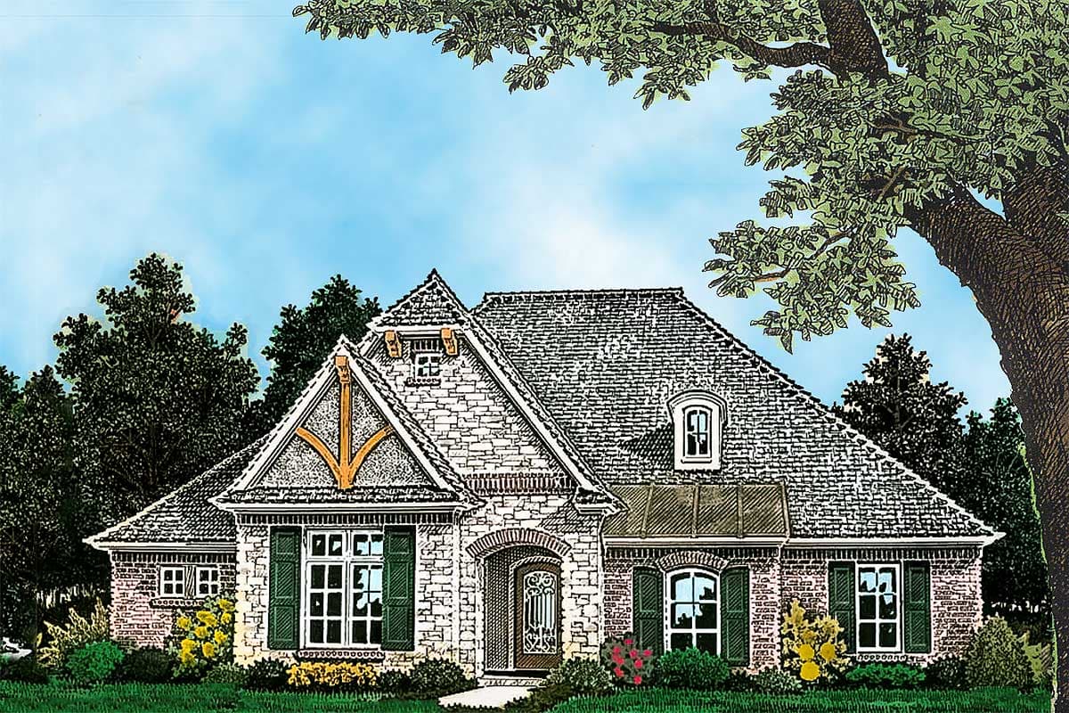 House plan exterior. One-story Tudor style with stone facade. Features include multiple gables, arched entry, and dormer windows.