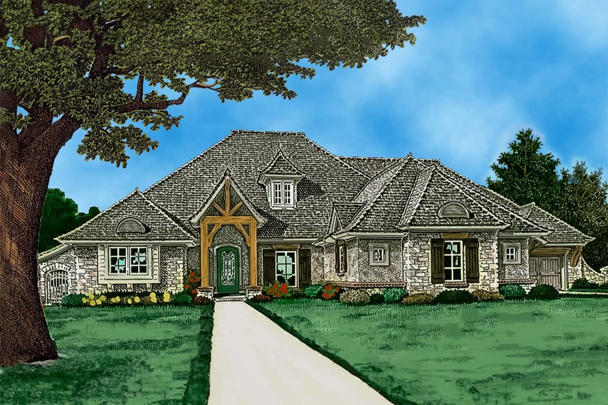 House plan exterior featuring a single-story design, stone facade, gabled roof, and arched entryway with timber detailing. Garage with carriage doors.