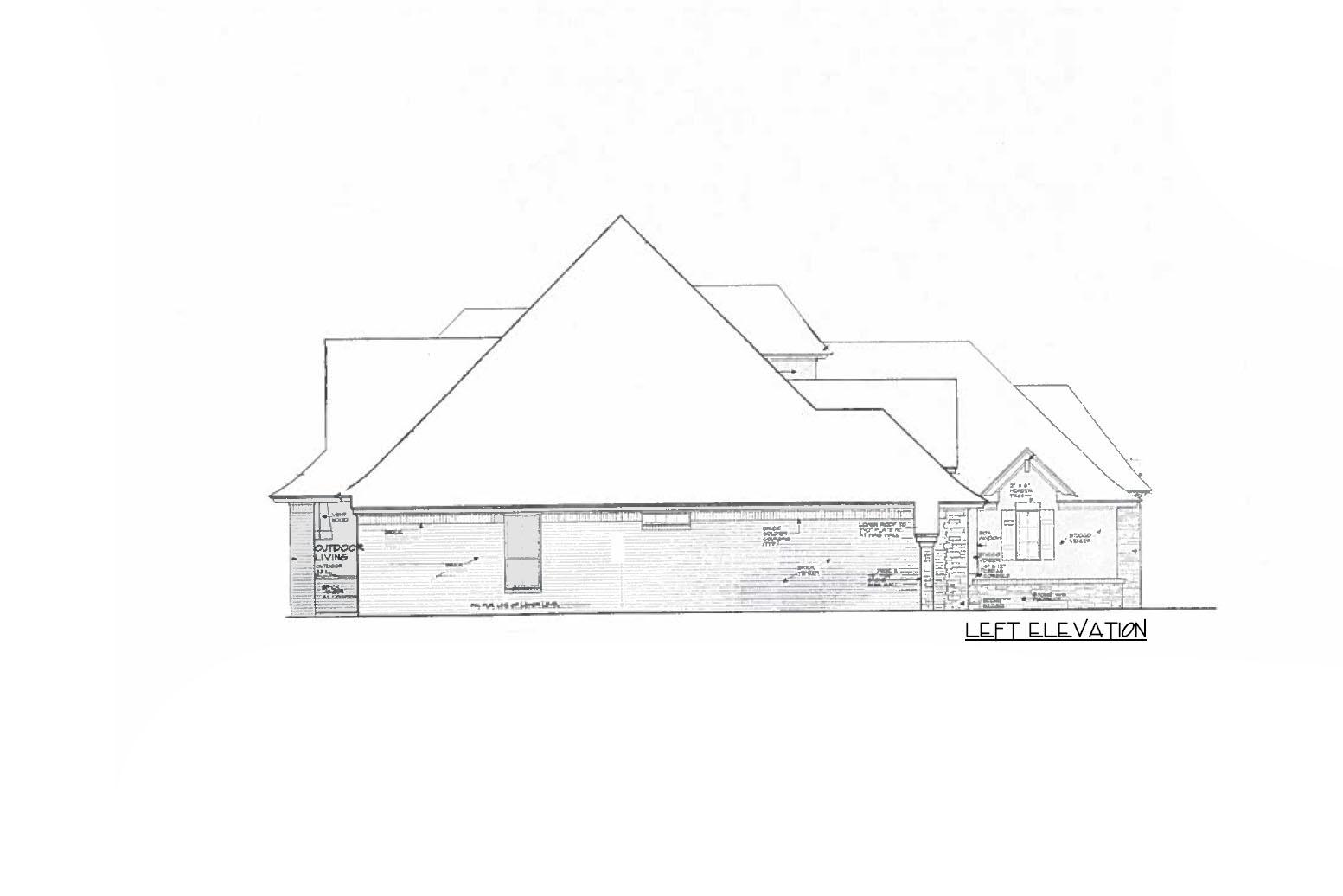 Left elevation house plan drawing showing pitched rooflines, brick exterior, and an outdoor living area.