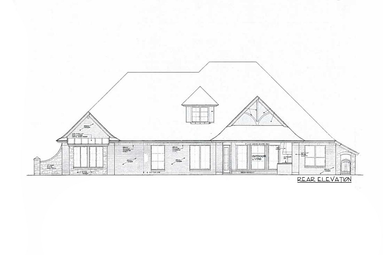 Rear elevation drawing showing a house with a pitched roof, dormer, multiple windows, and an outdoor living area.