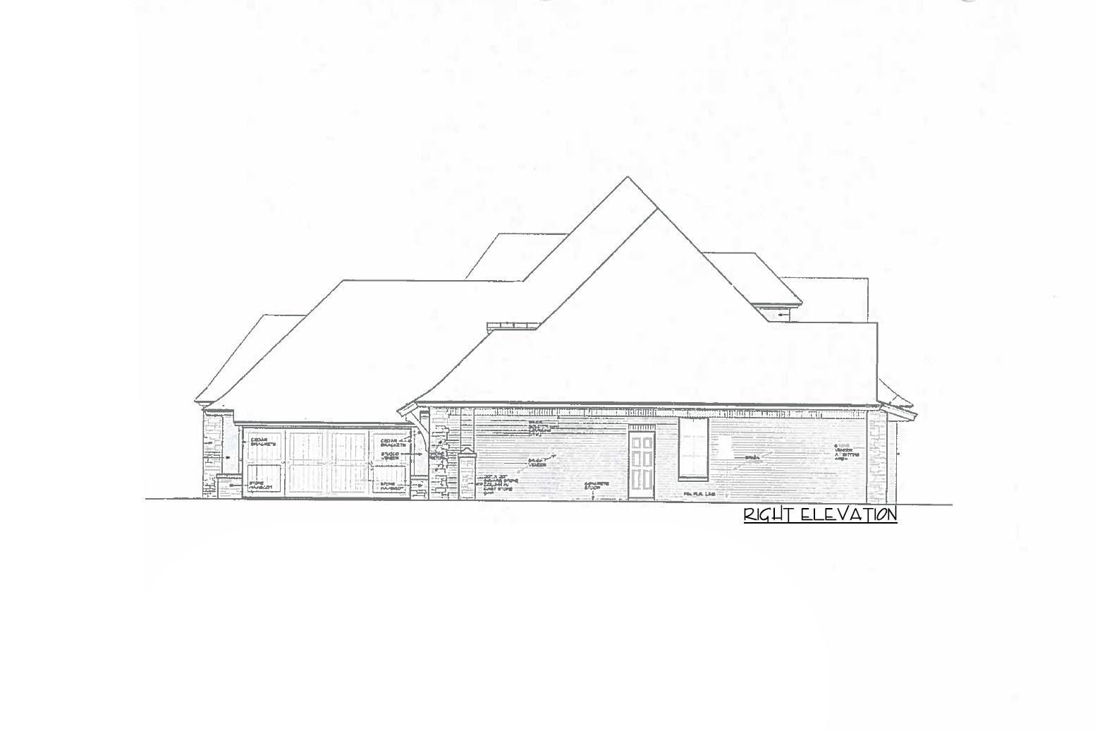 Right elevation house plan drawing showing a multi-story home with a two-car garage, gabled roof, and brick veneer.