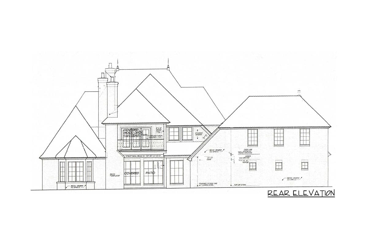 Rear elevation house plan showing multi-level rooflines, chimney, covered deck, and brick veneer.