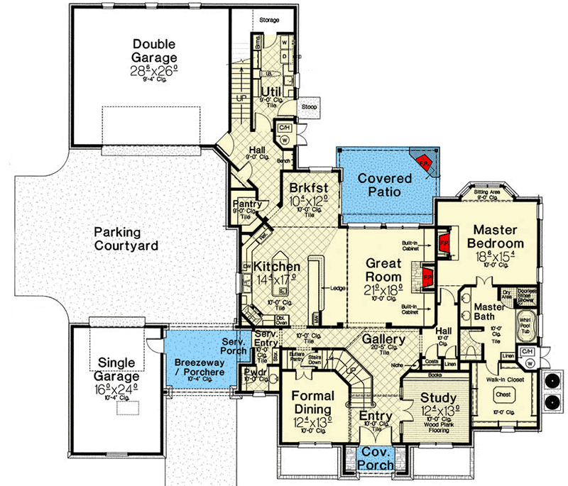 Plan 48561FM: Stately Traditional House Plan with Breezeway/Porchere - Floor Plan - Main Level - European, Traditional