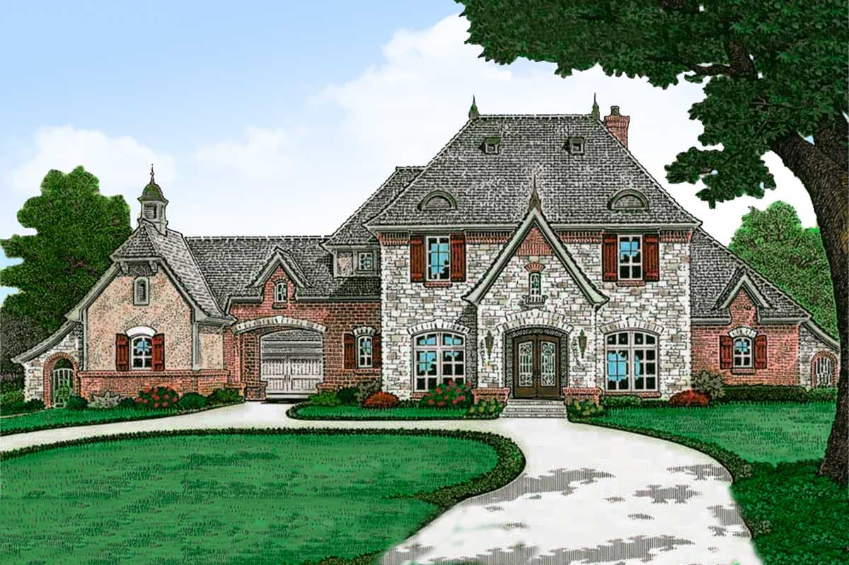 House plan exterior featuring a two-story design with stone facade, multiple gables, and a garage with a carriage-style door.