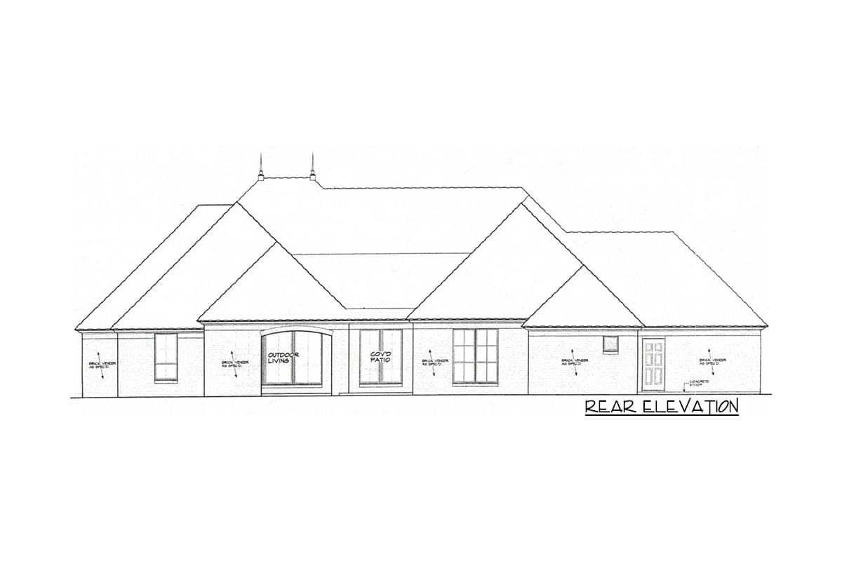Rear elevation drawing of a single-story house plan with a multi-level roof, brick veneer, an arched outdoor living entry, and a covered patio.