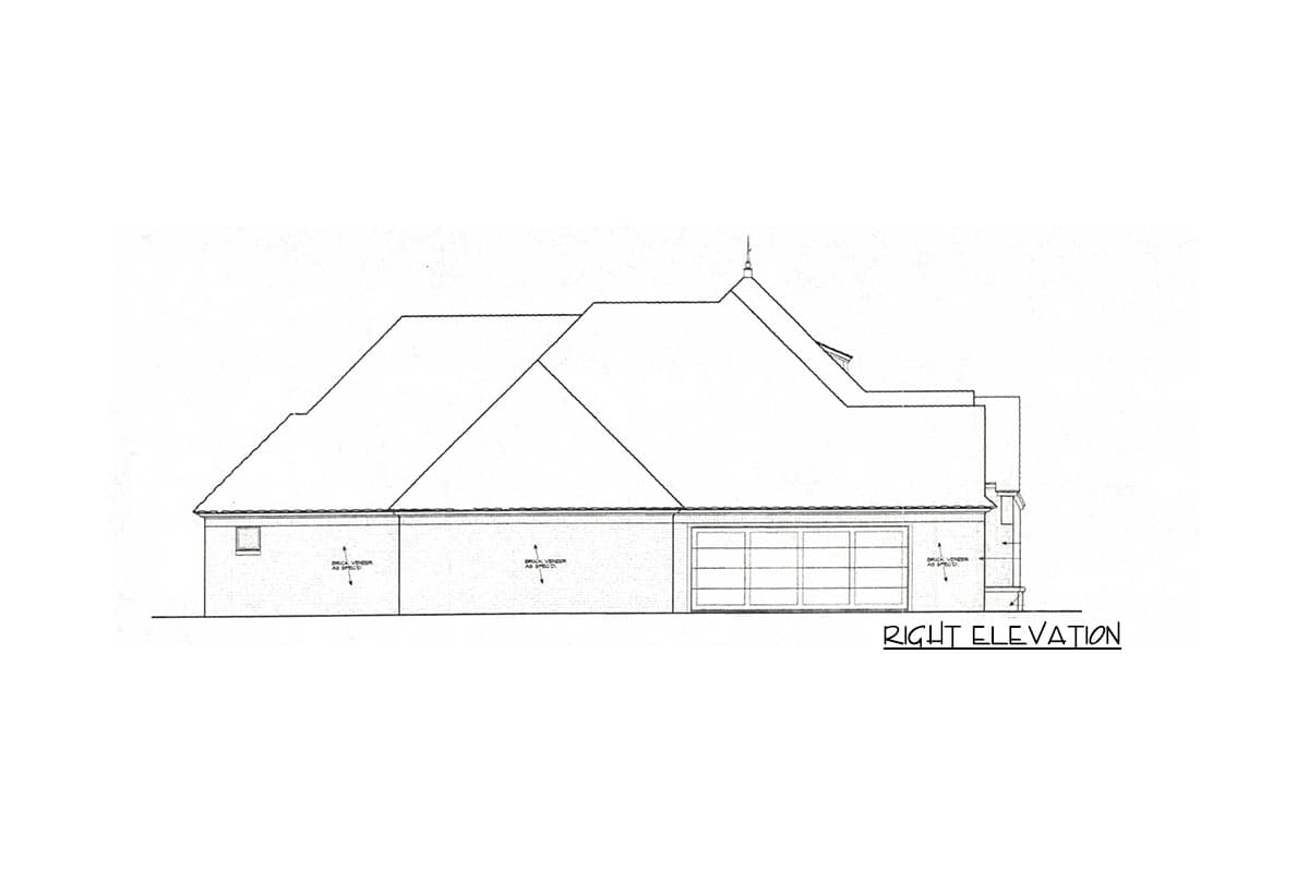 Right elevation drawing of a house plan showing a hip roof, garage, and one window.