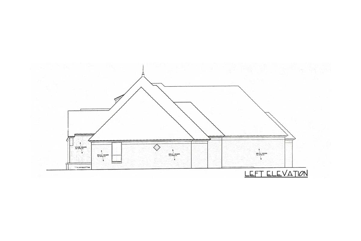 Left elevation drawing of a house plan featuring a prominent gable, brick veneer, and a dormer.