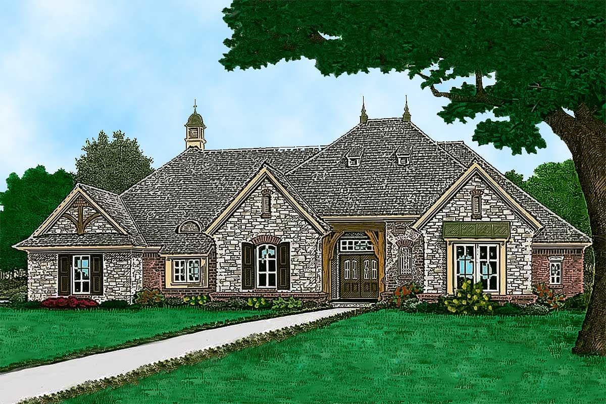 House plan exterior. Stone and brick facade with multiple gables, dormers, and a slate-look roof. Features a covered entry and decorative shutters.