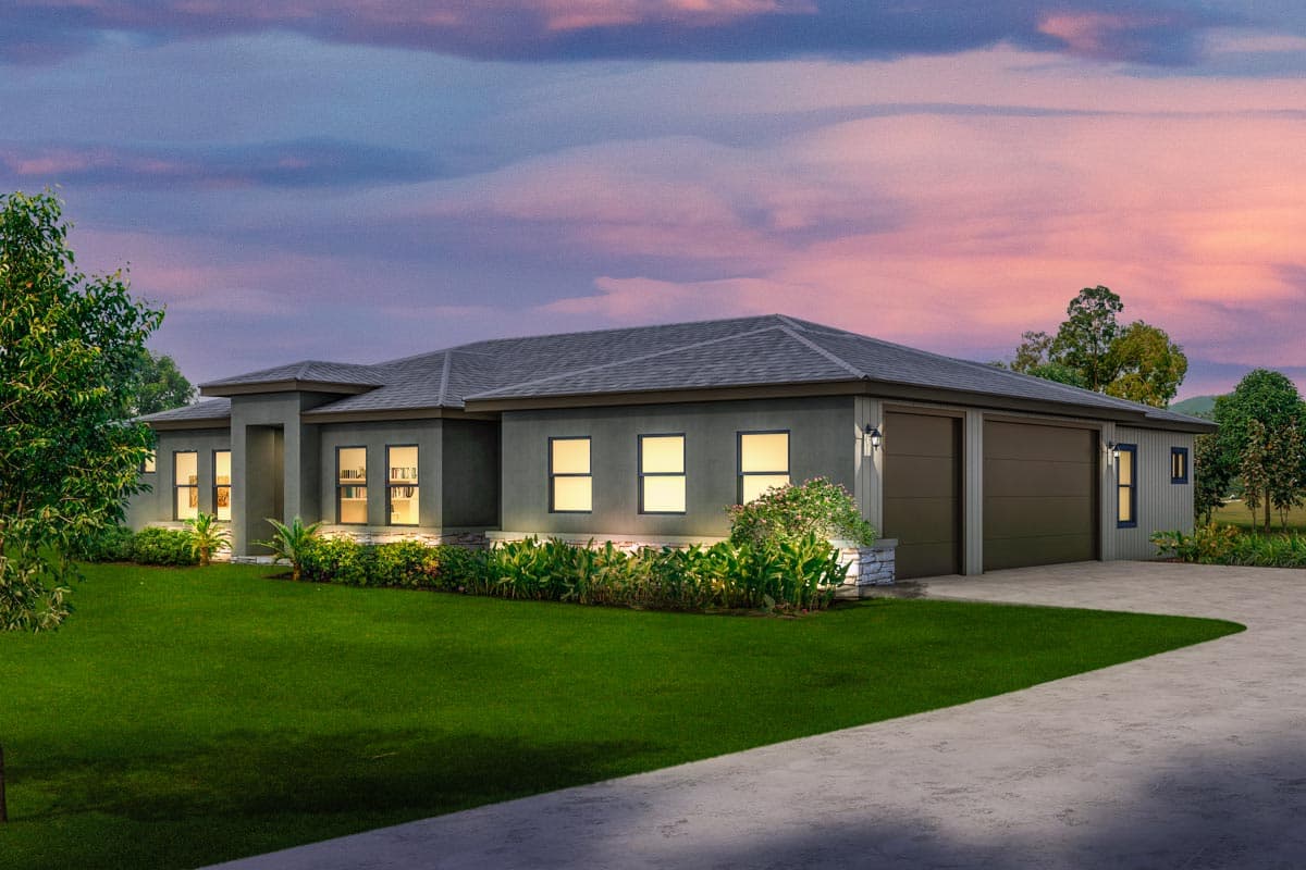 House plan exterior. Single-story home with flat roof, recessed entry, and attached garage. Includes a concrete driveway.