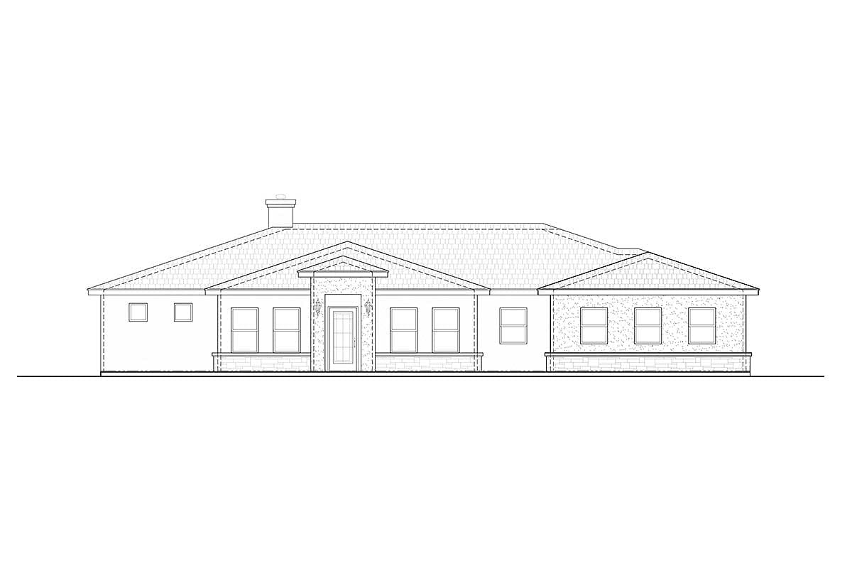 House plan exterior drawing of a one-story home with a prominent gabled entry, multiple windows, and a hip roof.