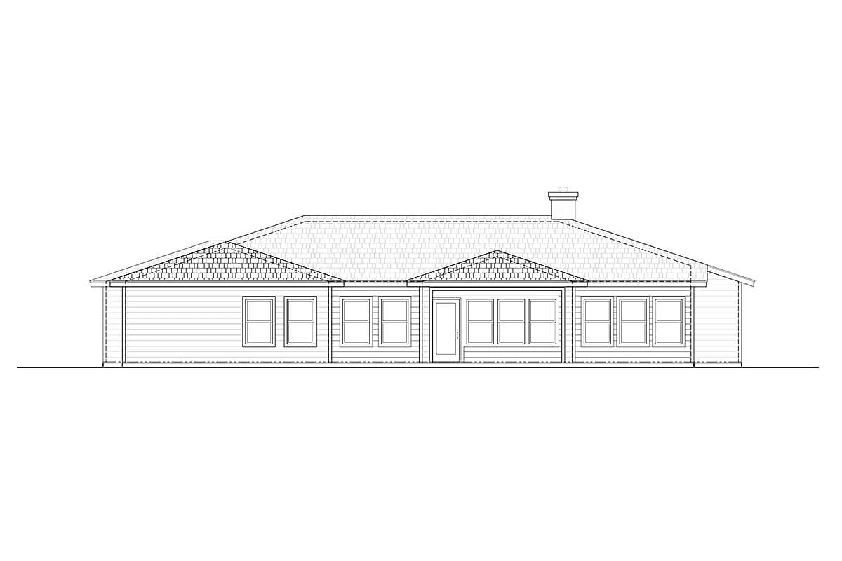 House plan exterior elevation showing a single-story ranch with a prominent gable roofline, multiple windows, and a chimney.