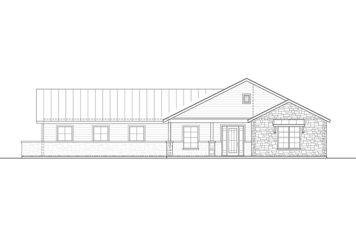 House plan exterior: one-story ranch with a metal gable roof, stone facade, covered entry porch, and multiple windows.