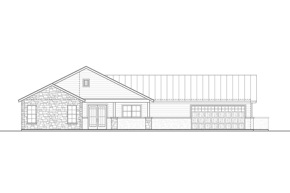 House plan exterior: single-story Ranch with stone and horizontal siding, double front doors, and two-car garage.