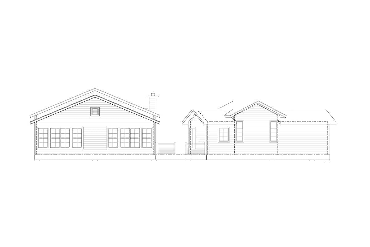 House plan exterior elevation showing a one-story house with a prominent gable end, numerous grid windows, and a visible chimney.