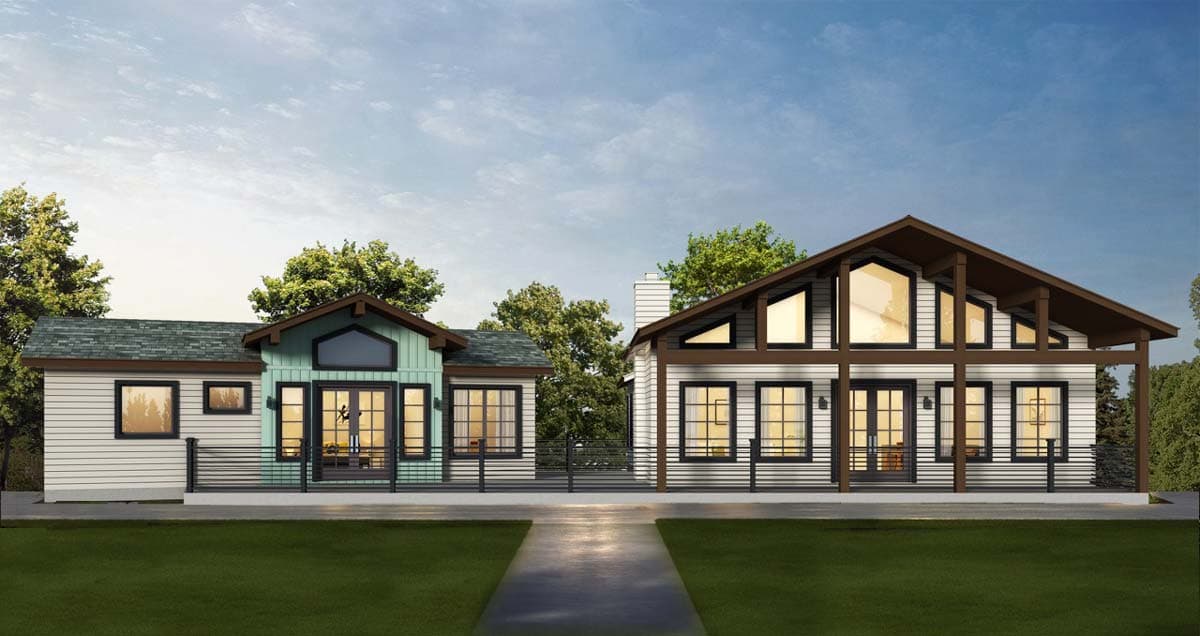 House plan exterior. Two modern homes with board and batten siding, gable rooflines, and large windows. One-story structure and a two-story structure.