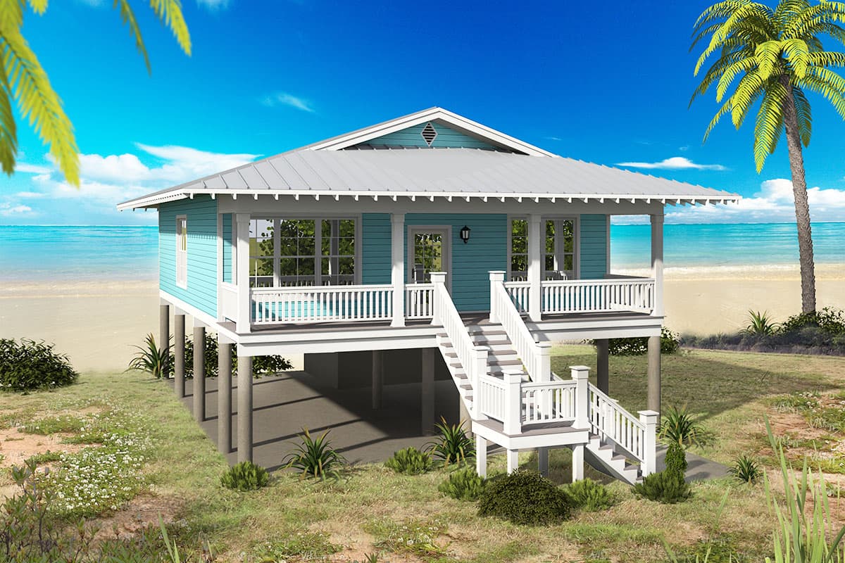 House plan exterior. Coastal style, one story. Features include a front porch with railings, elevated foundation, and gabled roof.