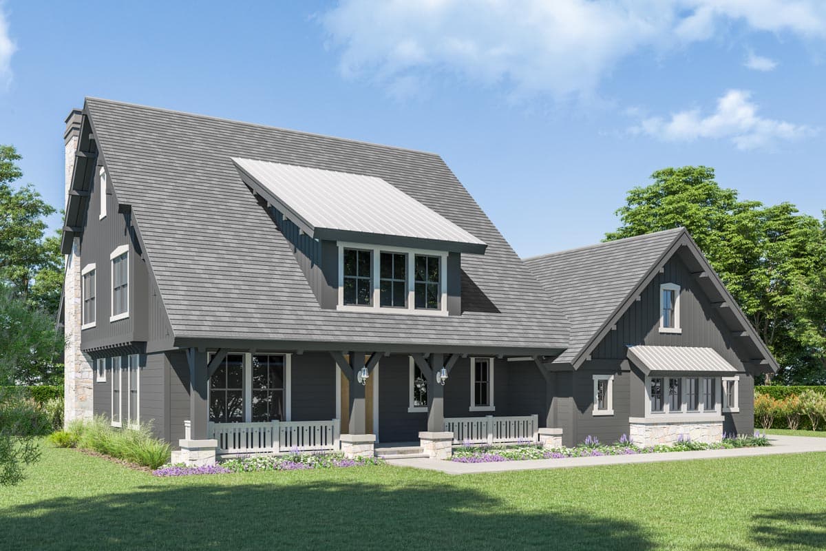House plan exterior. Two-story Modern Farmhouse with gables, porch, dormer, and metal roof accents. Stone accents on the lower facade.